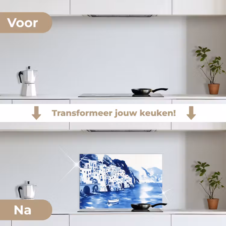 Dorp - Rotswand - Roeiboot - Water keuken achterwand spatscherm klein -voor_na_NL