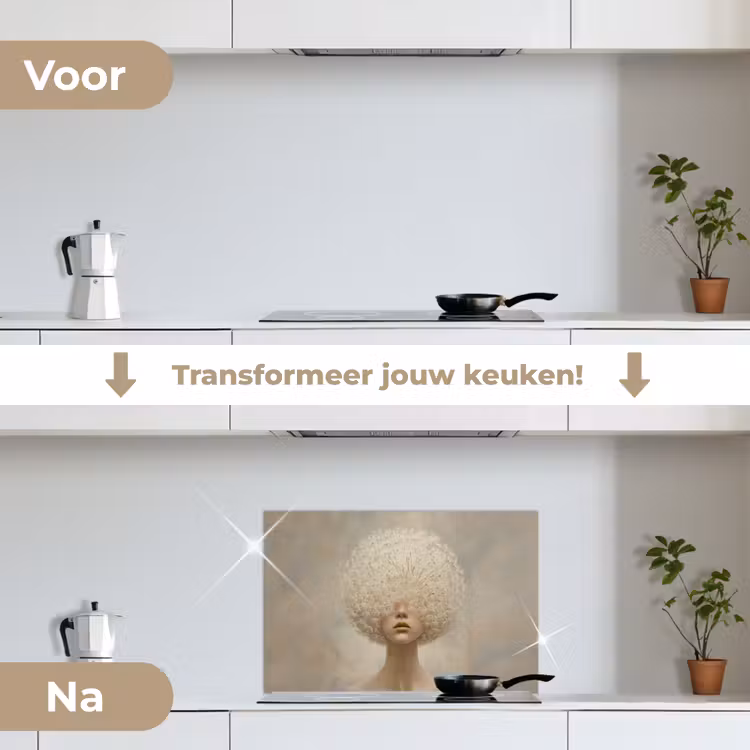Dromerig - Beige - Paardenbloemzaadjes keuken achterwand spatscherm klein -voor_na_NL