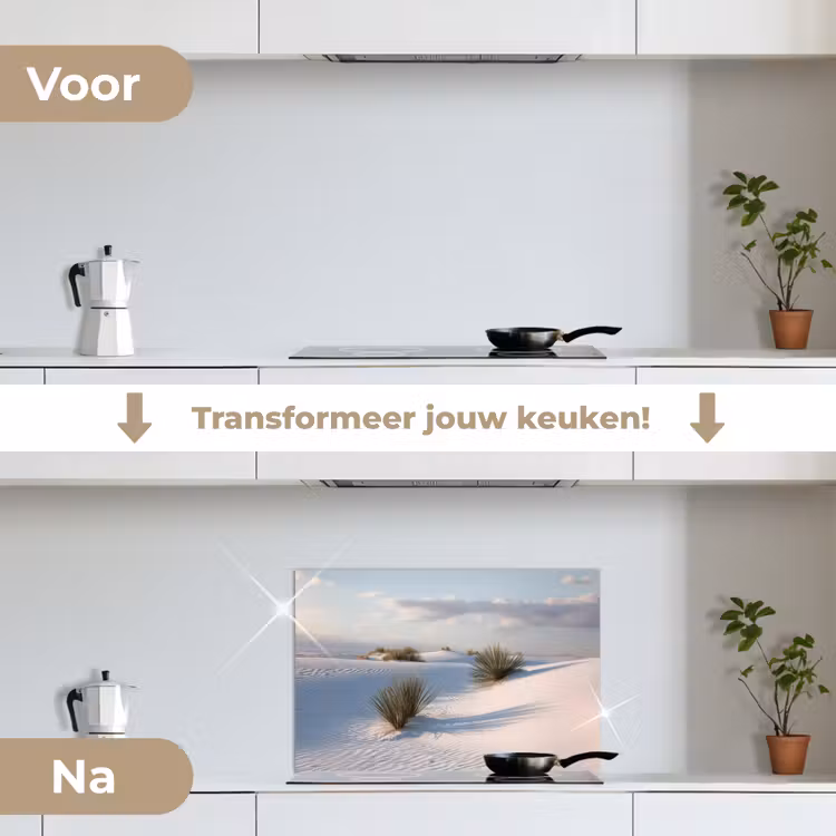 Duinen - Gras - Wolken - Beige keuken achterwand spatscherm klein -voor_na_NL