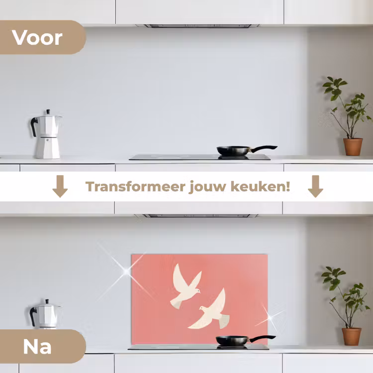 Duiven - Wit - Sierlijk keuken achterwand spatscherm klein -voor_na_NL