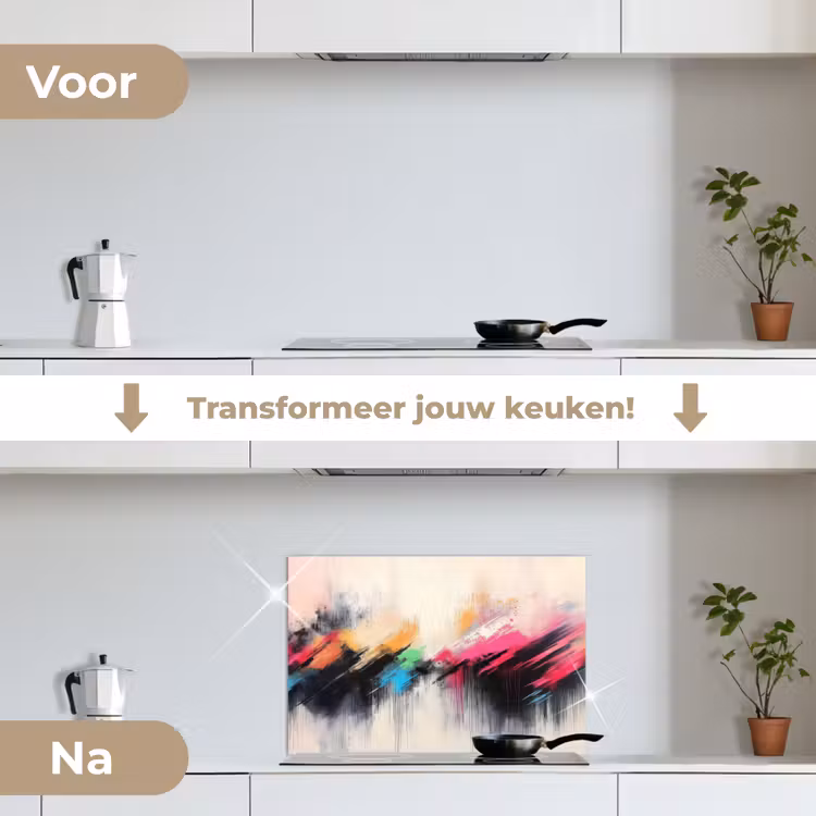 Dynamisch - Abstract - Kleurrijk - Zwart keuken achterwand spatscherm klein -voor_na_NL