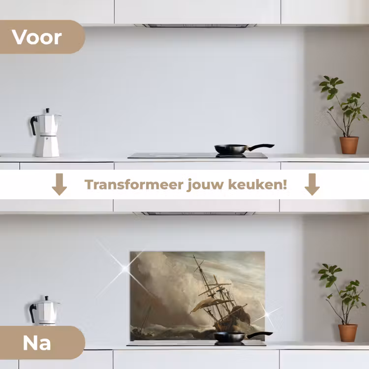 Een schip in volle zee bij vliegende storm - Schilderij van Willem van de Velde keuken achterwand spatscherm klein -voor_na_NL