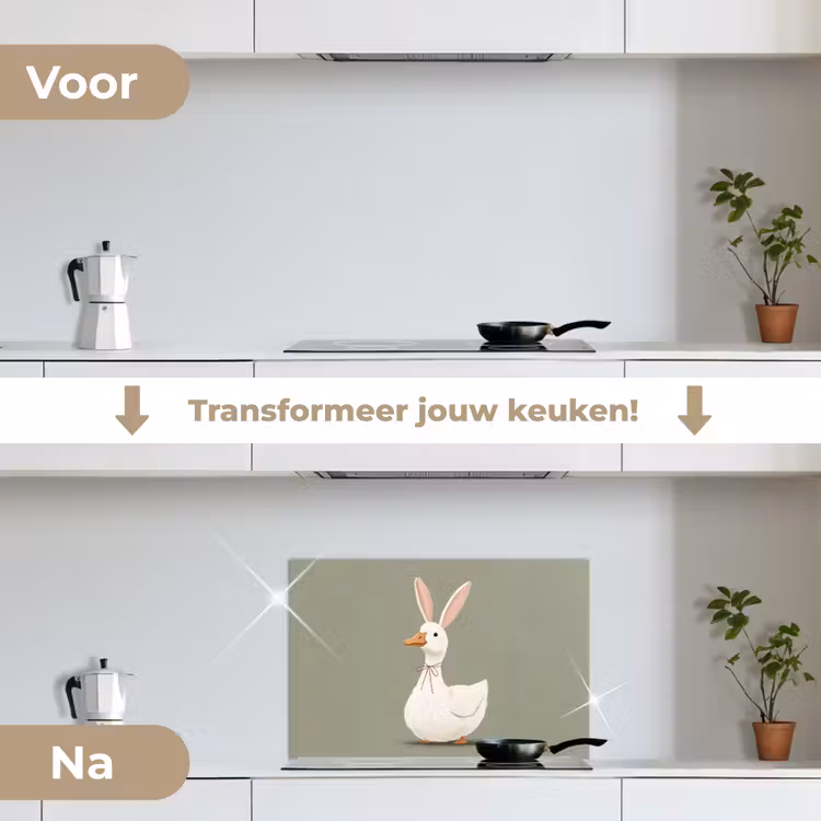 Eend - Konijnoren - Grijs keuken achterwand spatscherm klein -voor_na_NL