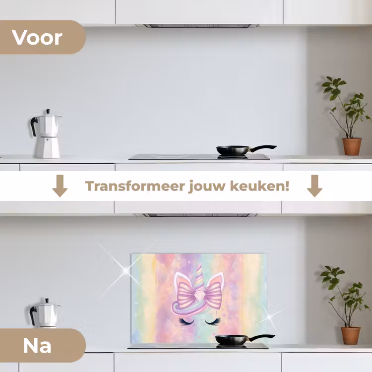 Eenhoorn - Glitters - Regenboog - Pastel keuken achterwand spatscherm klein -voor_na_NL