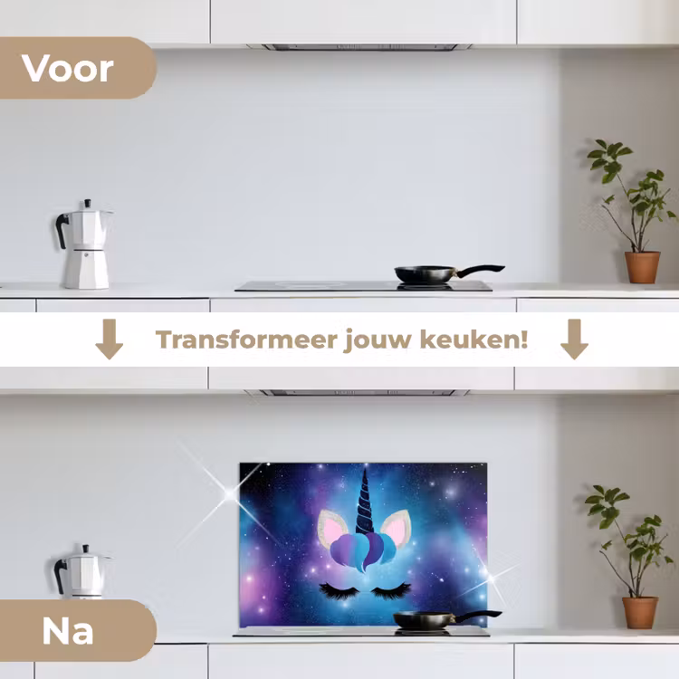Eenhoorn - Sterren - Blauw keuken achterwand spatscherm klein -voor_na_NL