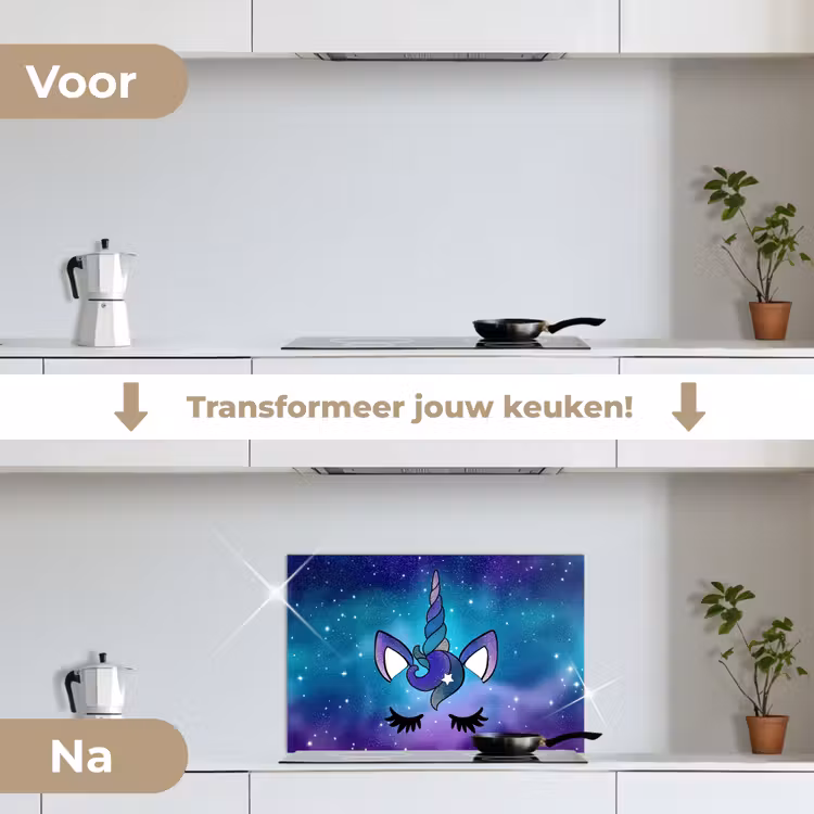 Eenhoorn - Sterrenhemel - Ster - Blauw keuken achterwand spatscherm klein -voor_na_NL