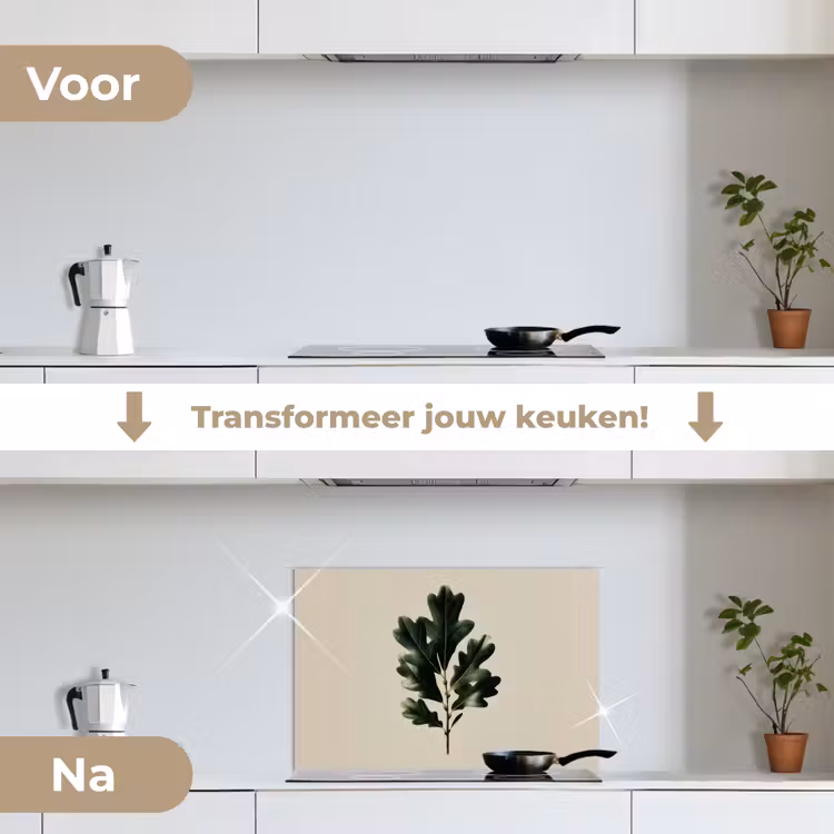 Eikenbladeren - Beige - Groen - Golvende randen keuken achterwand spatscherm klein -voor_na_NL