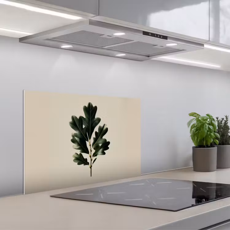 Eikenbladeren - Beige - Groen - Golvende randen keuken achterwand spatscherm klein -3d_schuin