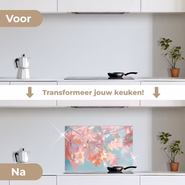 Eikenbladeren - Takken - Roze keuken achterwand spatscherm klein -voor_na_NL
