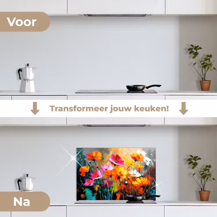 Felgekleurd - Bloemblaadjes - Abstract keuken achterwand spatscherm klein -voor_na_NL