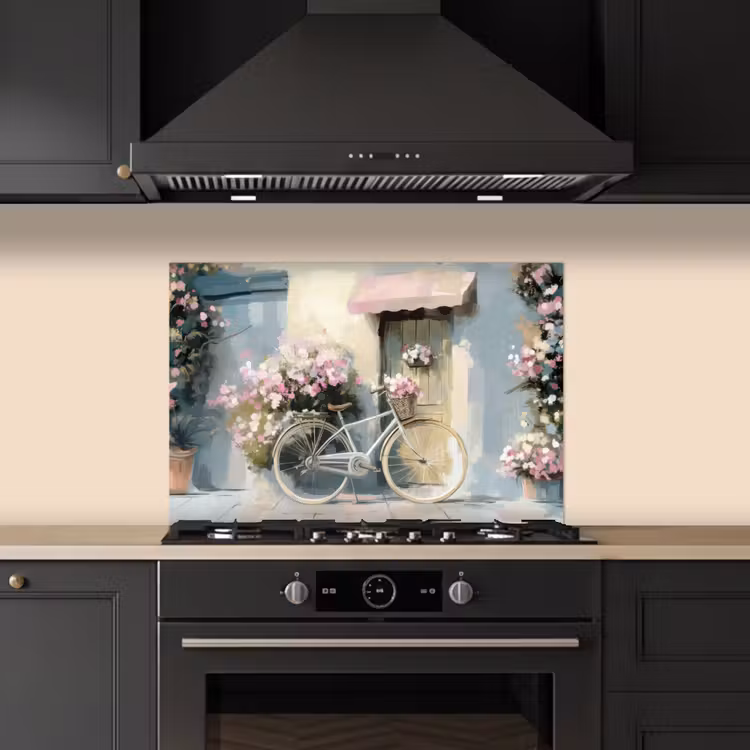 Fiets - Pastelkleuren - Bloemen keuken achterwand spatscherm klein -sfeer1