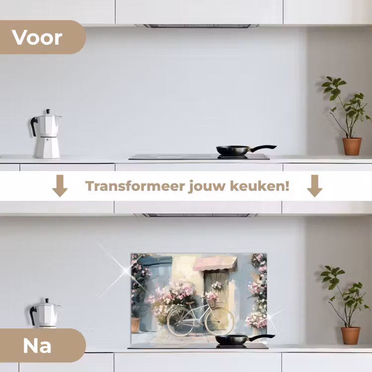 Fiets - Pastelkleuren - Bloemen keuken achterwand spatscherm klein -voor_na_NL