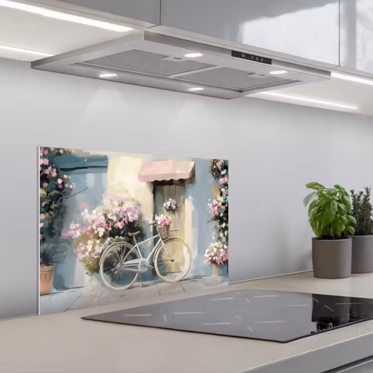 Fiets - Pastelkleuren - Bloemen keuken achterwand spatscherm klein -3d_schuin