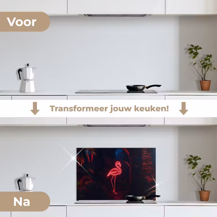 Flamingo - Roze - Neon - Licht keuken achterwand spatscherm klein -voor_na_NL