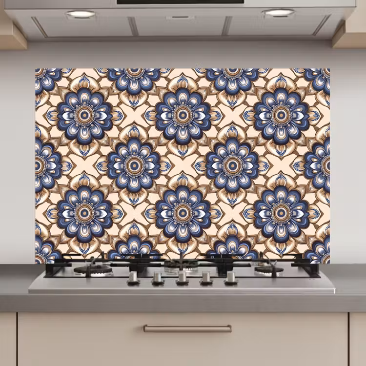 Floraal - Ornament - Blauw keuken achterwand spatscherm klein 900 -3d_website