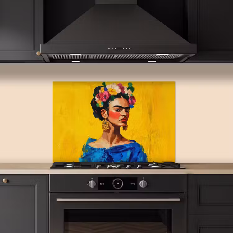 Frida Kahlo - Vrouw - Geel - Blauw - Bloemen keuken achterwand spatscherm klein -sfeer1
