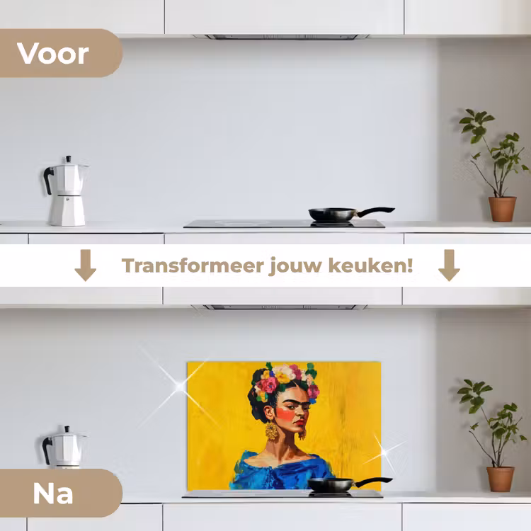 Frida Kahlo - Vrouw - Geel - Blauw - Bloemen keuken achterwand spatscherm klein -voor_na_NL