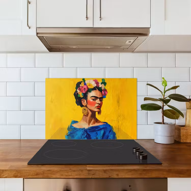 Frida Kahlo - Vrouw - Geel - Blauw - Bloemen keuken achterwand spatscherm klein -sfeer2
