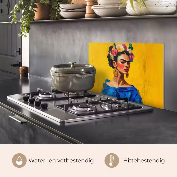 Frida Kahlo - Vrouw - Geel - Blauw - Bloemen keuken achterwand spatscherm klein -usp_NL