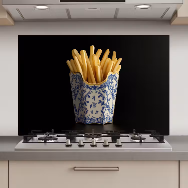 Friet - Porselein - Delfts blauw - Eten keuken achterwand spatscherm klein -3d_website