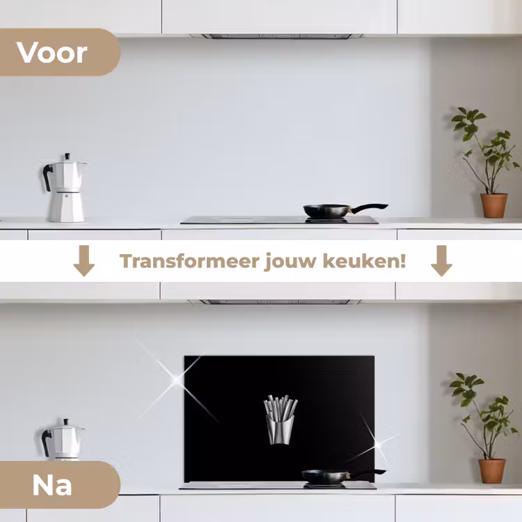 Frietjes - Futuristisch - Zilver keuken achterwand spatscherm klein -voor_na_NL