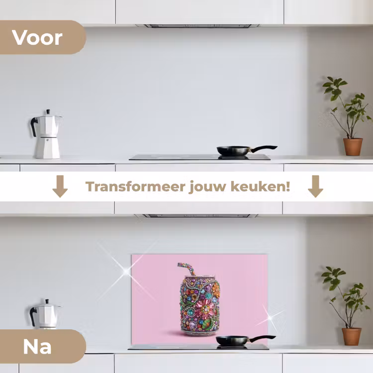 Frisdrankblikje - Bloemenpatroon - Edelstenen - Kleurrijk keuken achterwand spatscherm klein -voor_na_NL