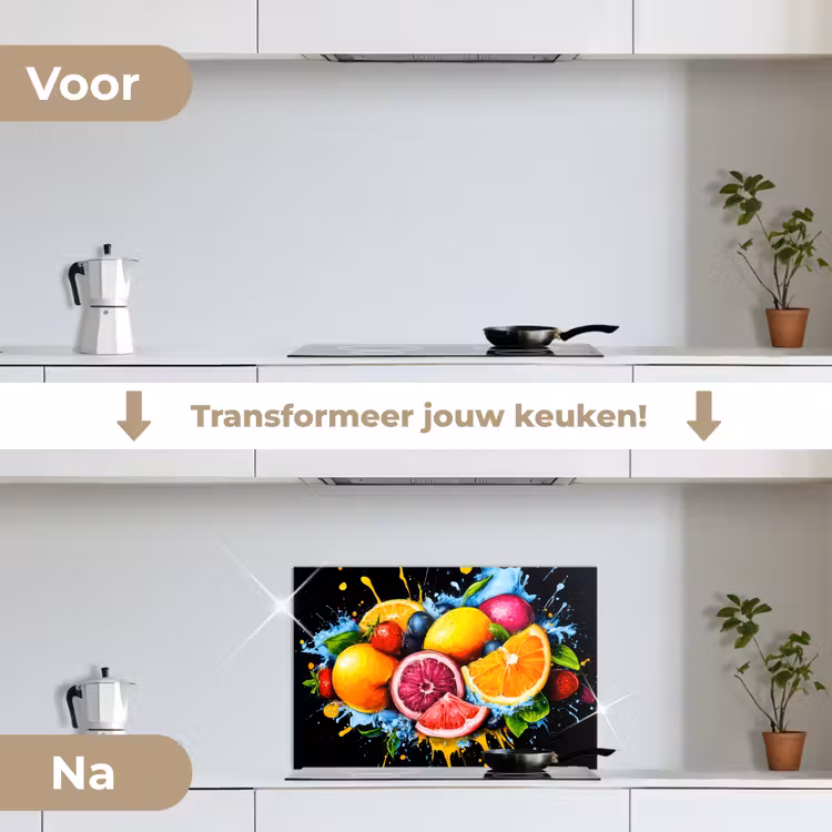 Fruit - Graffiti - Kleurrijk - Sinaasappel - Aardbei - Abstract keuken achterwand spatscherm klein -voor_na_NL