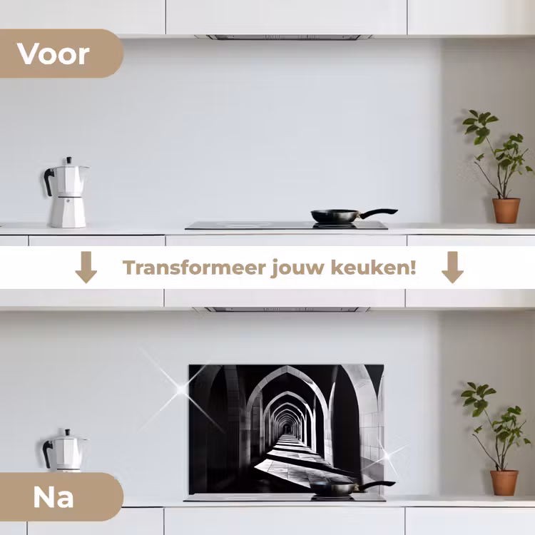 Gang - Bogen - Schaduw - Diepte keuken achterwand spatscherm klein -voor_na_NL