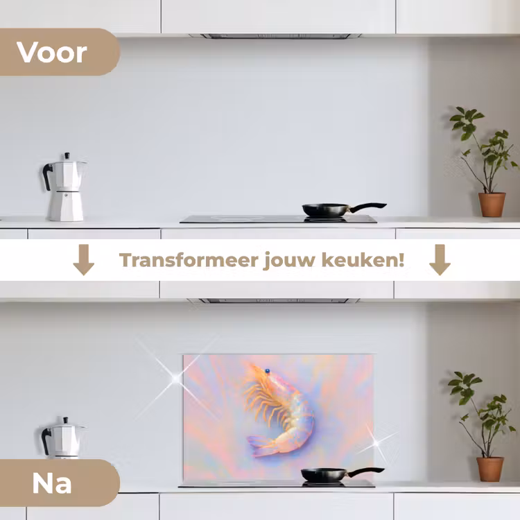 Garnaal - Subtiele structuur - Blauw - Roze keuken achterwand spatscherm klein -voor_na_NL