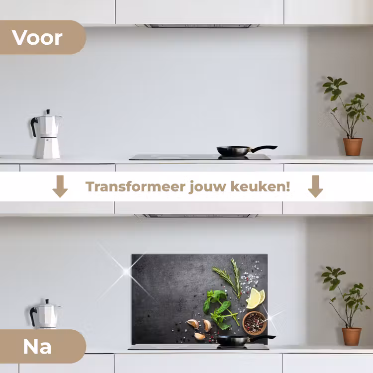 Gastronomisch Stilleven keuken achterwand spatscherm klein -voor_na_NL