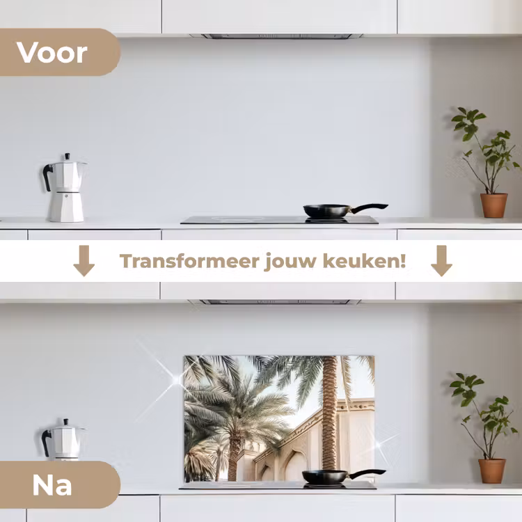 Gebouw - Palmbomen - Beige - Zon keuken achterwand spatscherm klein -voor_na_NL