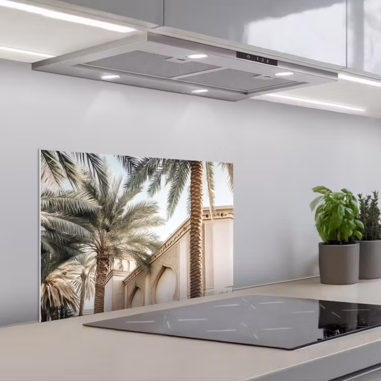 Gebouw - Palmbomen - Beige - Zon keuken achterwand spatscherm klein -3d_schuin