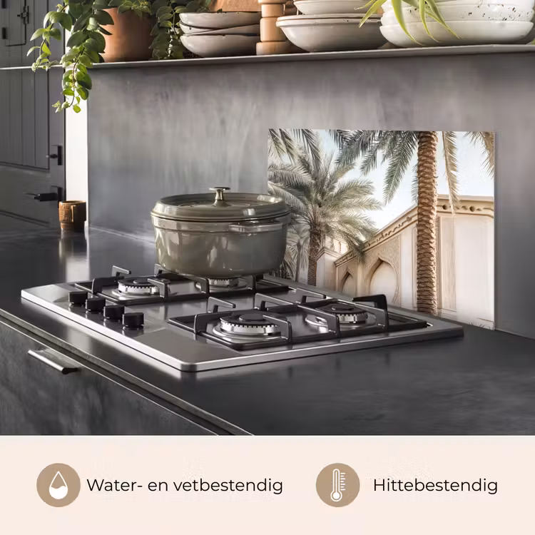 Gebouw - Palmbomen - Beige - Zon keuken achterwand spatscherm klein -usp_NL