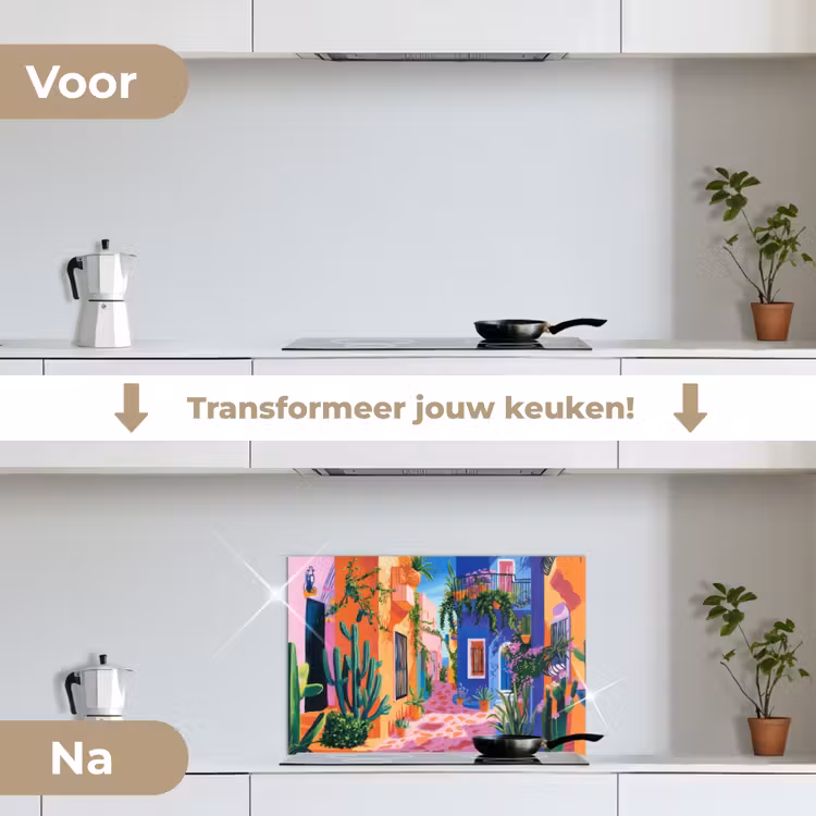 Geel - Blauw - Oranje - Huis keuken achterwand spatscherm klein -voor_na_NL