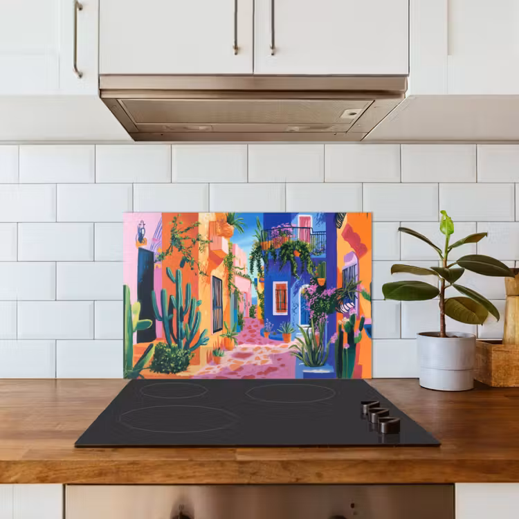 Geel - Blauw - Oranje - Huis keuken achterwand spatscherm klein -sfeer2