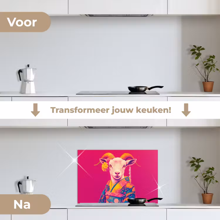 Geit - Hoorns - Kimono - Kleurrijk keuken achterwand spatscherm klein -voor_na_NL