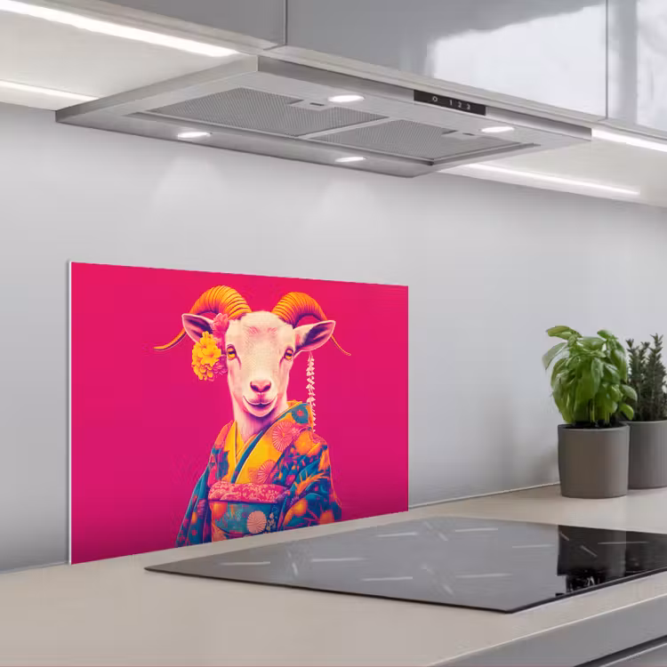 Geit - Hoorns - Kimono - Kleurrijk keuken achterwand spatscherm klein -3d_schuin