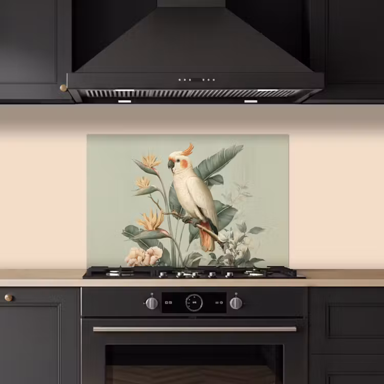 Gele kuifkaketoe - paradijsvogelbloemen - Groen keuken achterwand spatscherm klein -sfeer1