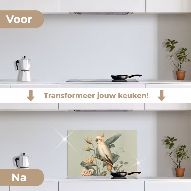 Gele kuifkaketoe - paradijsvogelbloemen - Groen keuken achterwand spatscherm klein -voor_na_NL