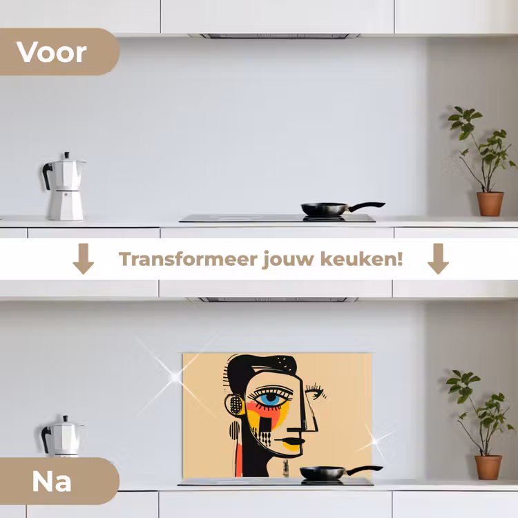 Geometrisch - Felle kleuren - Kubistische stijl keuken achterwand spatscherm klein -voor_na_NL