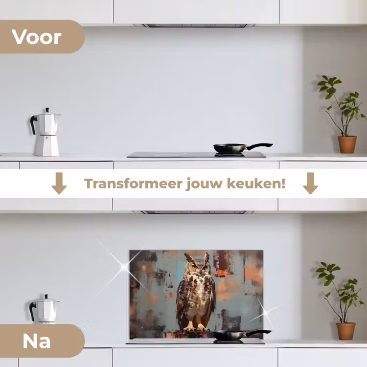 Geschilderd - Abstract - Uil - Bruin keuken achterwand spatscherm klein -voor_na_NL