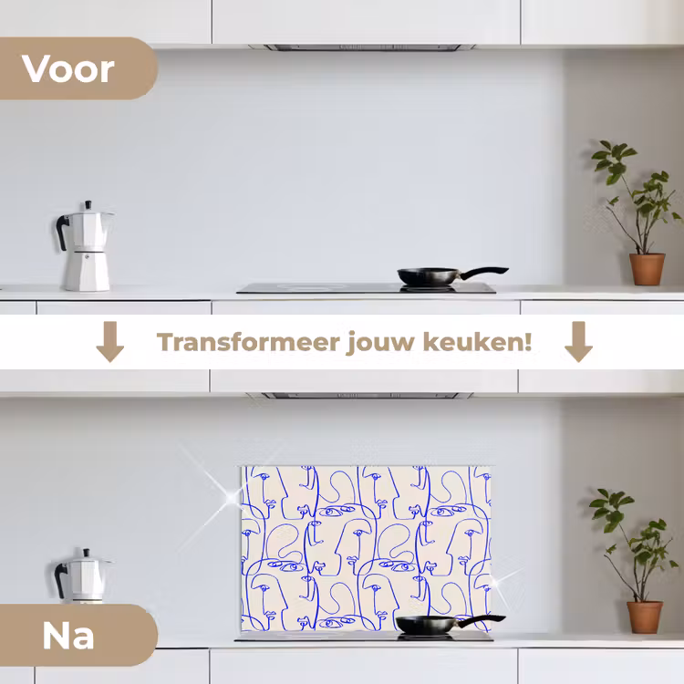 Gezicht - Blauw - Lijnen - Beige keuken achterwand spatscherm klein 900 -voor_na_NL