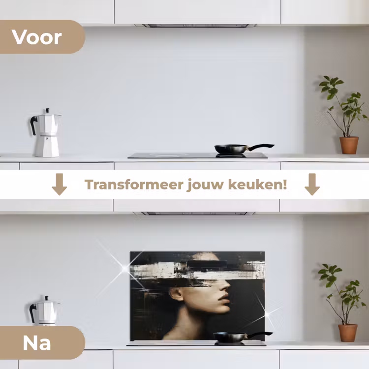 Gezicht - Vrouw - Zwart - Abstract keuken achterwand spatscherm klein -voor_na_NL