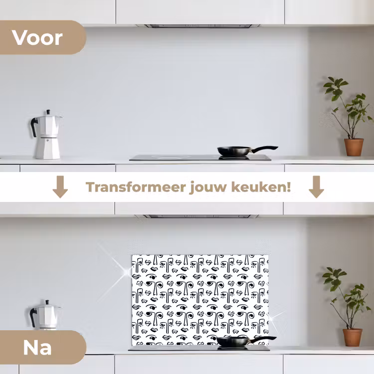 Gezicht - Zwart - Lijnen - Artistiek keuken achterwand spatscherm klein 900 -voor_na_NL