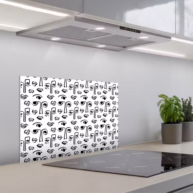 Gezicht - Zwart - Lijnen - Artistiek keuken achterwand spatscherm klein 900 -3d_schuin