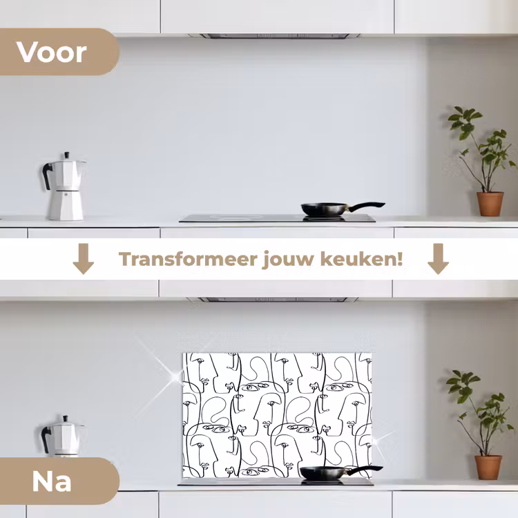 Gezichten - Abstract - Contourlijnen keuken achterwand spatscherm klein 900 -voor_na_NL