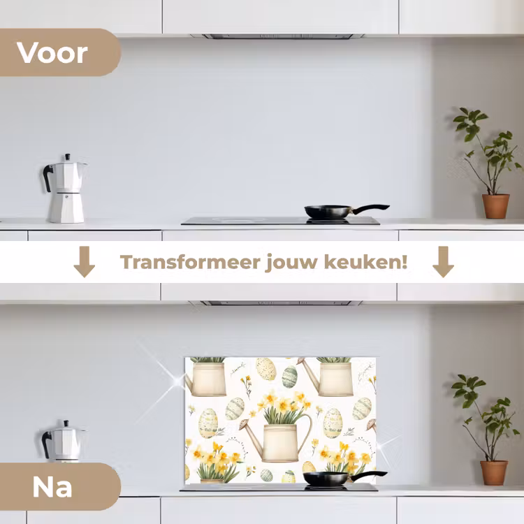 Gieter - Bloemen - Eieren keuken achterwand spatscherm klein -voor_na_NL