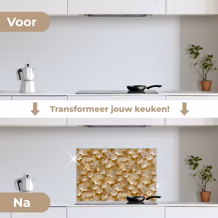 Ginkgo - Bladeren - Goud keuken achterwand spatscherm klein 900 -voor_na_NL