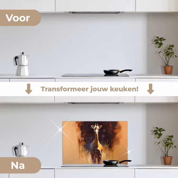 Giraf - Bruin - Abstract - Geschilderd keuken achterwand spatscherm klein -voor_na_NL