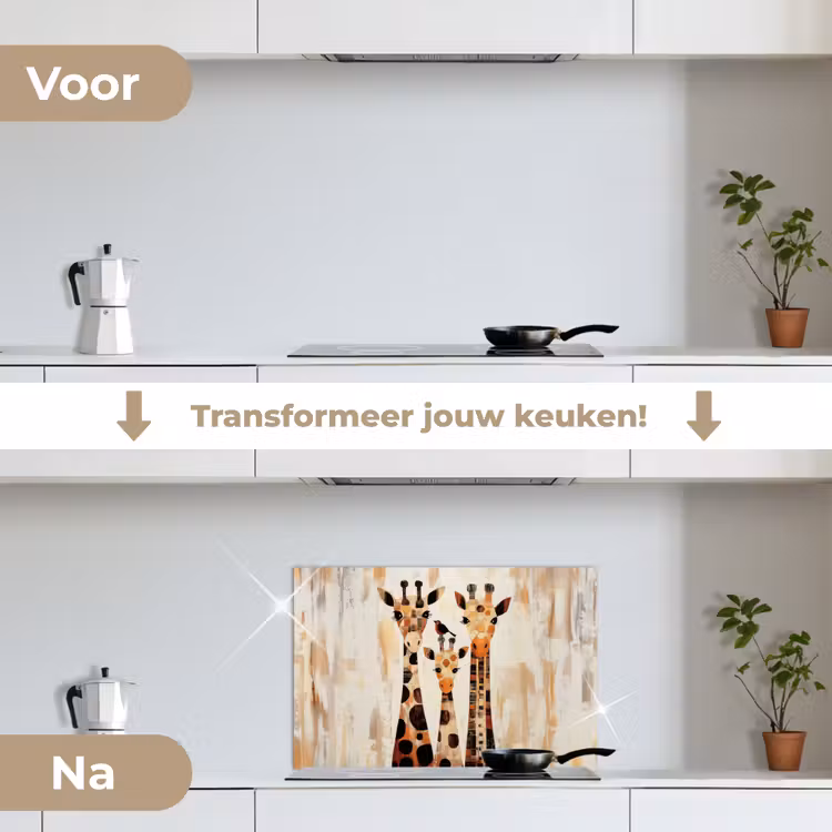 Giraffen - Cartoon - Crème keuken achterwand spatscherm klein -voor_na_NL
